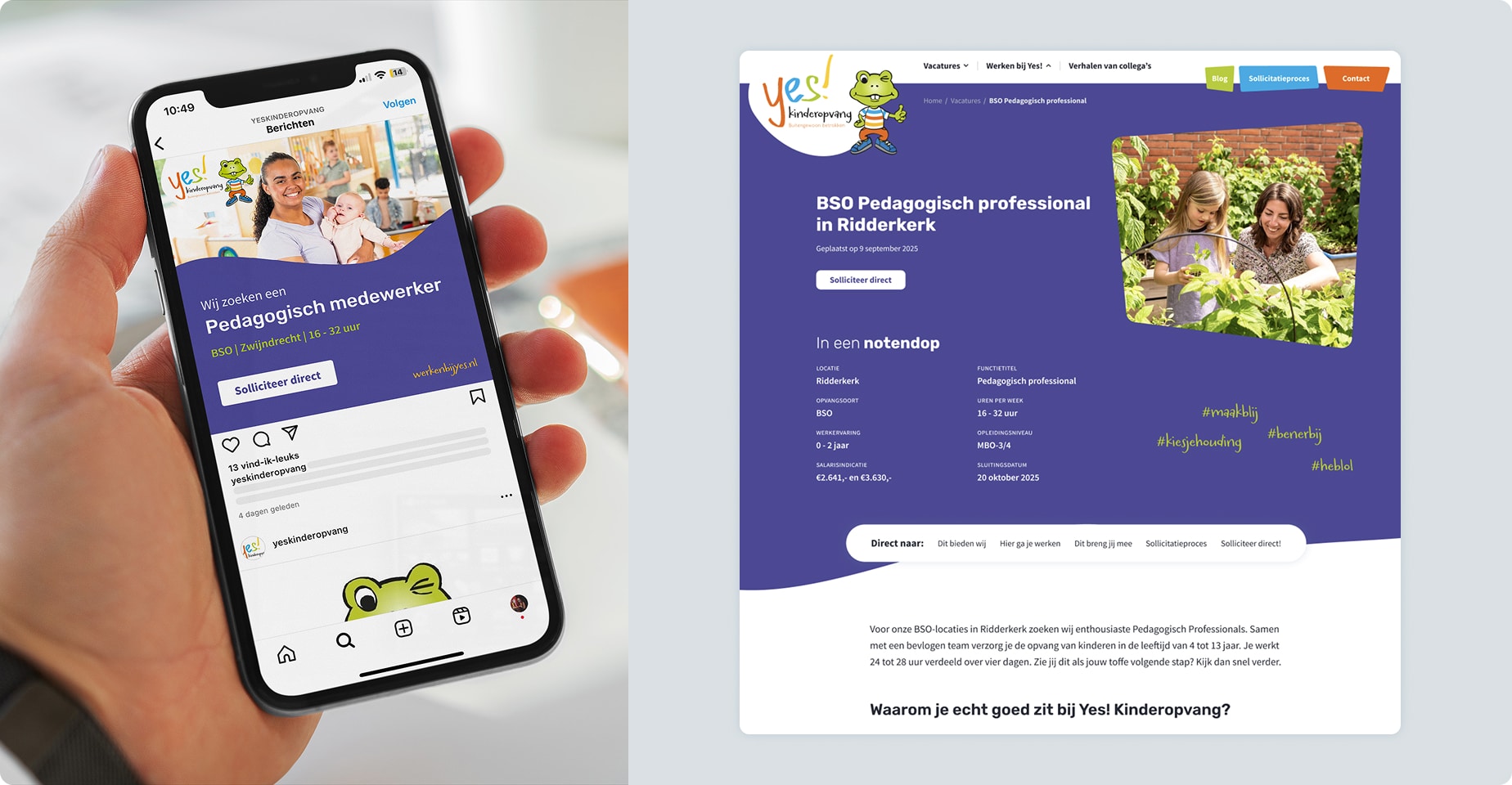 Yes! Kinderopvang website en Instagram pedagogisch medewerker vacature voorbeeld