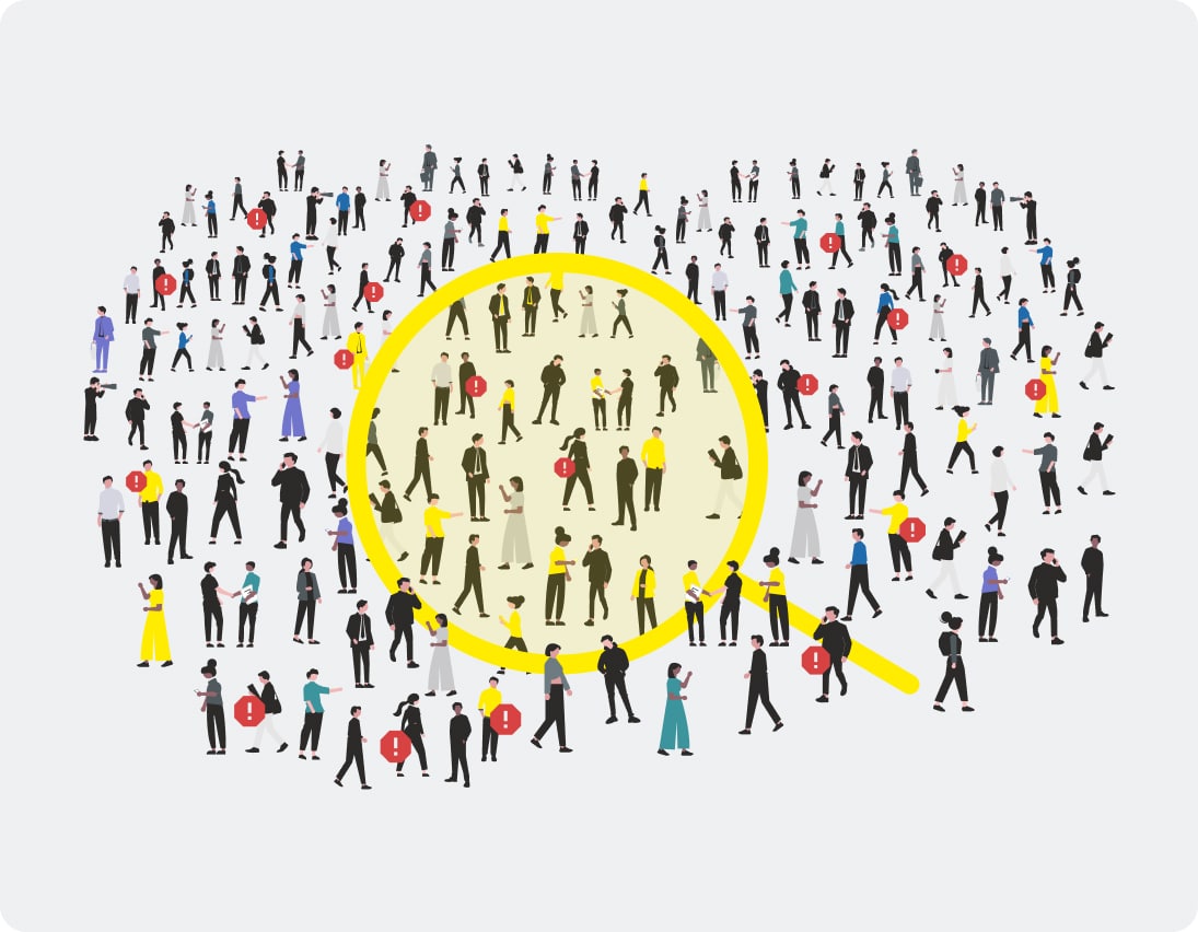 Veel mensen met een grote gele vergrootglas - de juiste werknemer uit grote groep zoeken